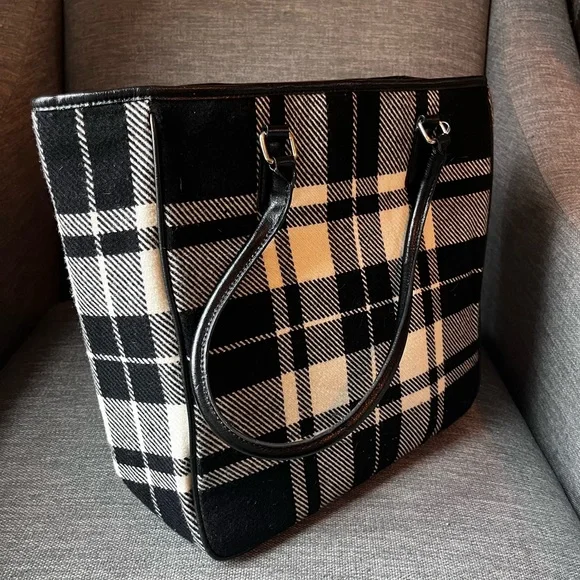 Banana Republic Black & White Plaid Wool Blend Tote Bag Y2K - Picture 4 of 5